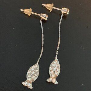 fish dangle earrings rhinestone crystal silver tone pierced post lightweight